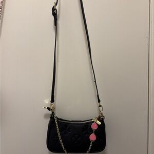 Black Designer Crossbody Bag with Pink Accents